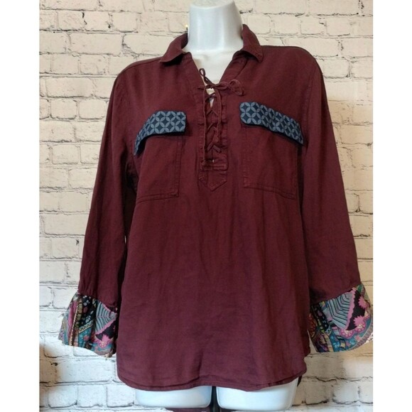 SO Apparel Burgundy Boho Tunic Top Blouse Floral Bell  3/4 Sleeve Flowy L - Picture 1 of 5